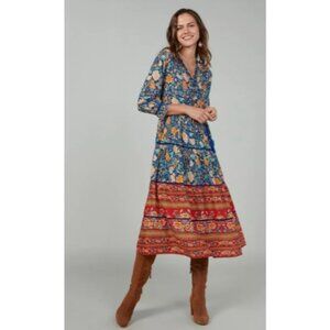 Womens V-neck boho Fashion Vintage Hippie Floral print Deep maxi holiday Dress